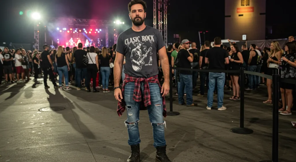 Stylish men’s concert outfits featuring leather jackets, band tees, streetwear, and summer-ready styles for every music genre.