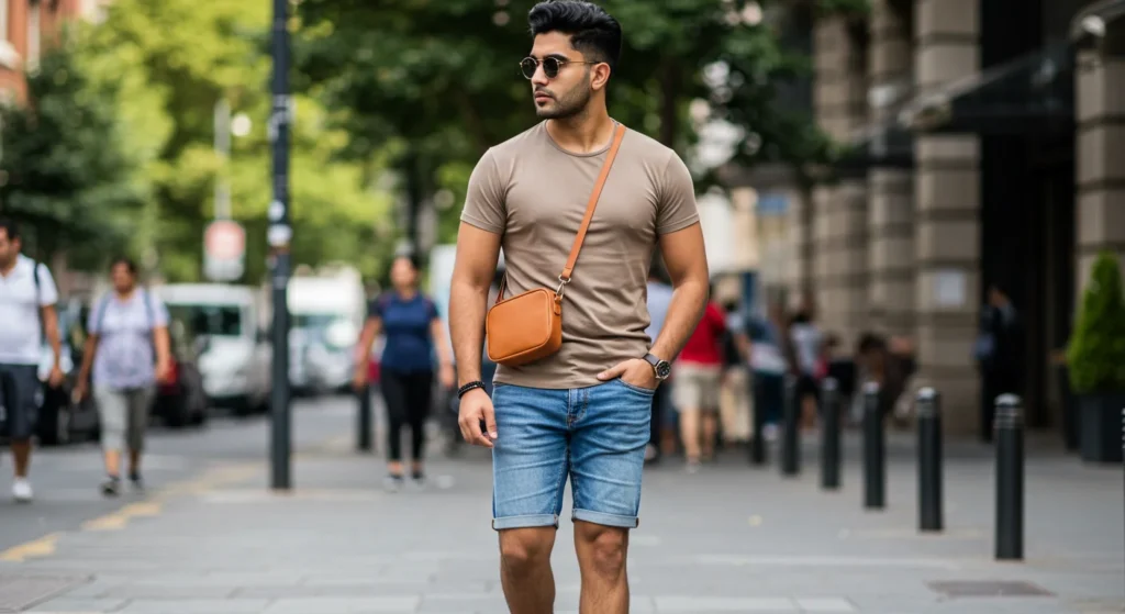 Man wearing denim Bermuda shorts styled in 10 different fashionable ways for summer 2025 – featuring casual, streetwear, smart casual, and minimalist outfit ideas.