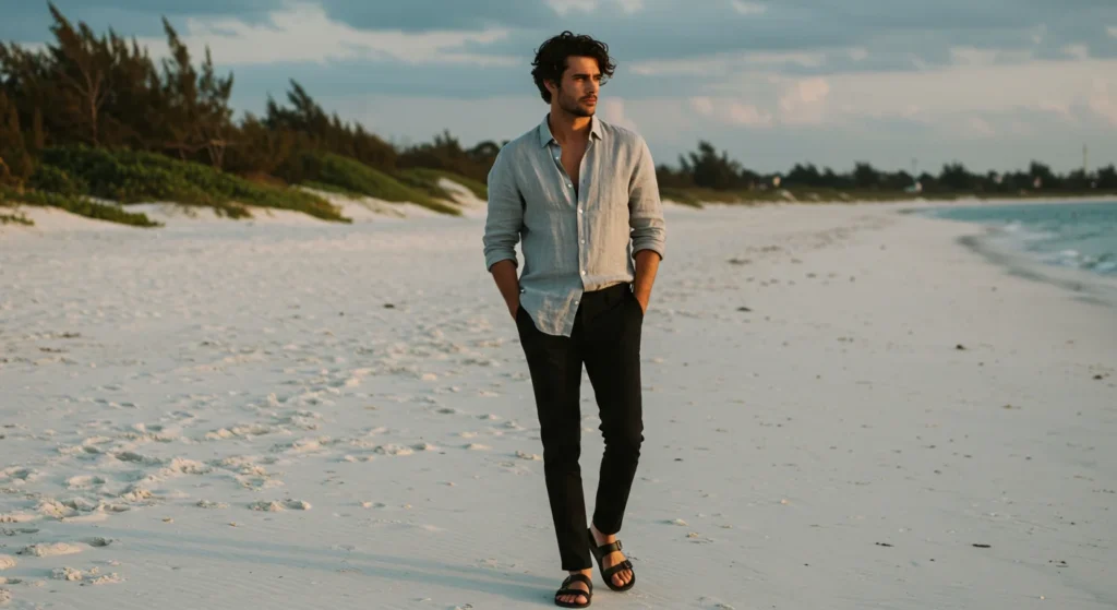 Man wearing a white linen shirt with beige chinos and brown loafers, styled for a relaxed summer day outdoors.