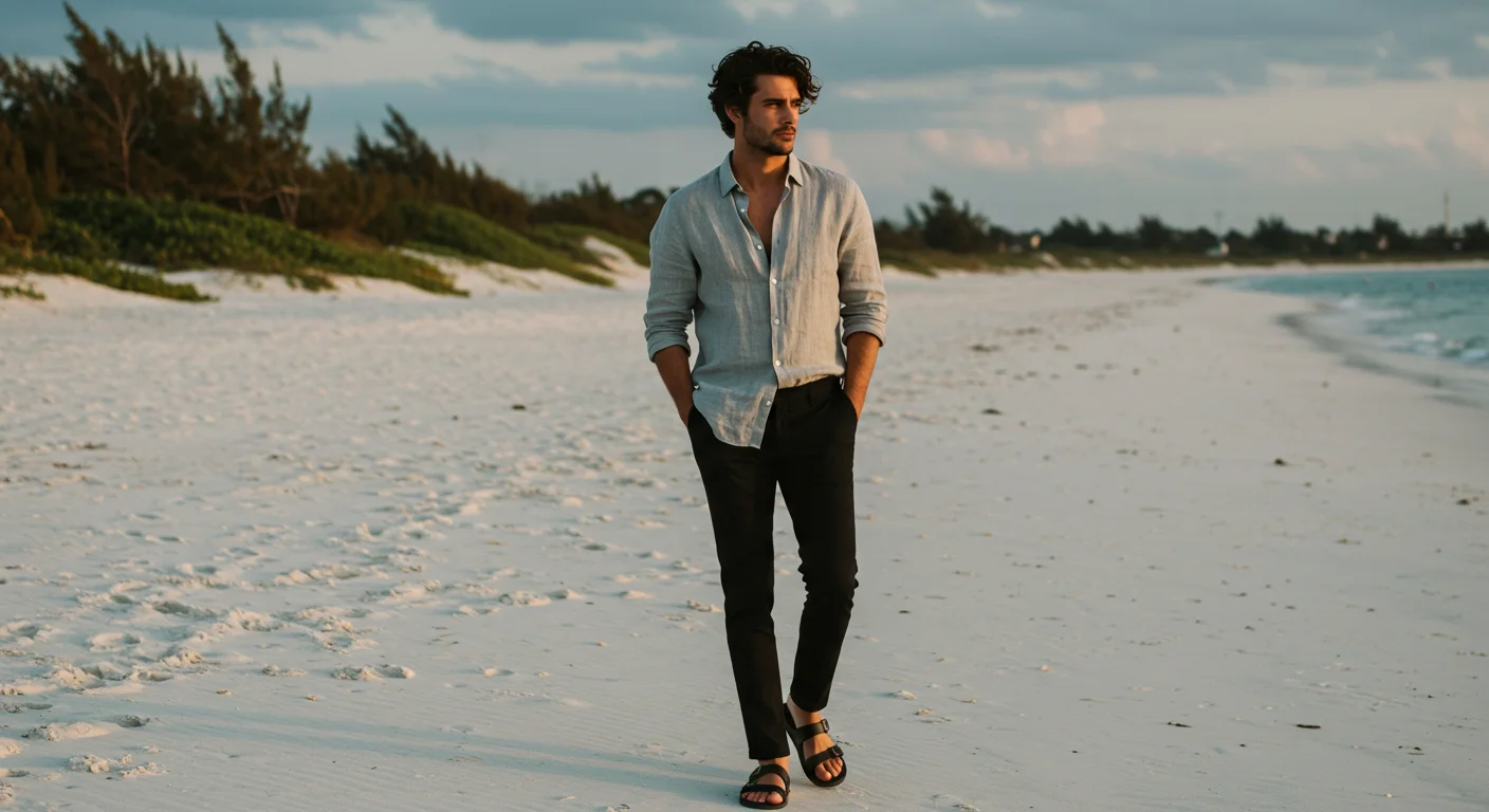 Man wearing a white linen shirt with beige chinos and brown loafers, styled for a relaxed summer day outdoors.