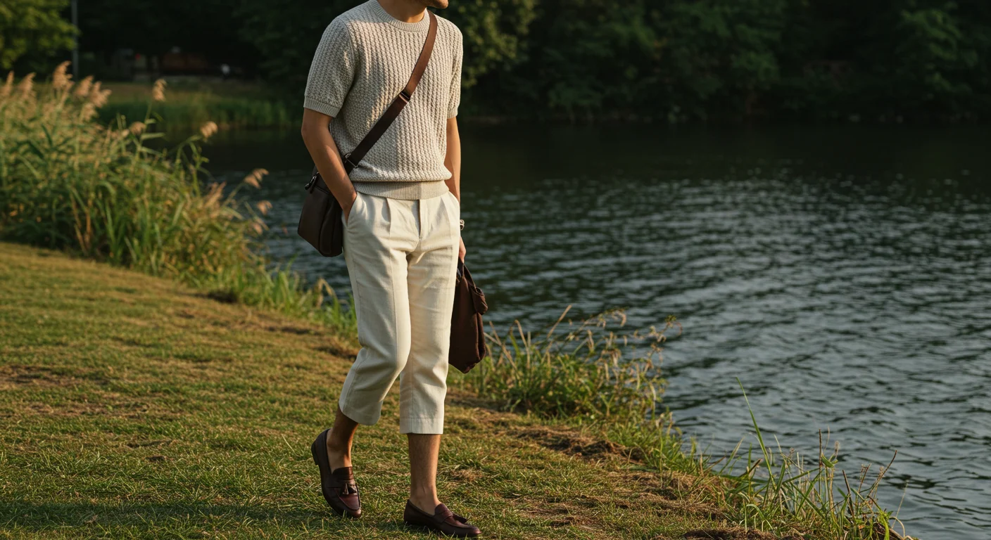 Collage of men wearing summer linen pants outfits including classic white linen pants with polos, beige pants with open shirts, black linen pants with tanks, striped pants with tees, and coordinated linen sets, showcasing lightweight and stylish summer fashion looks for men in 2025