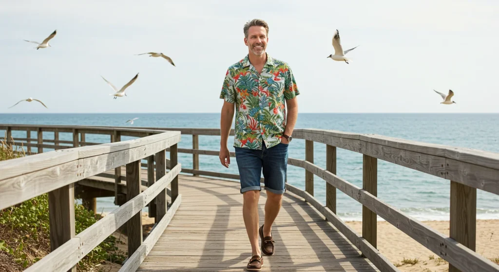 Man wearing stylish jean shorts in various summer outfits, showcasing fresh and casual looks perfect for 2025 warm-weather fashion.