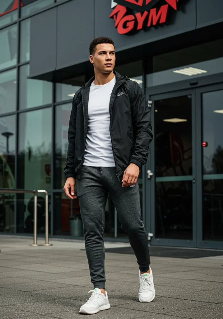 Coordinated athleisure outfit for men with a windbreaker