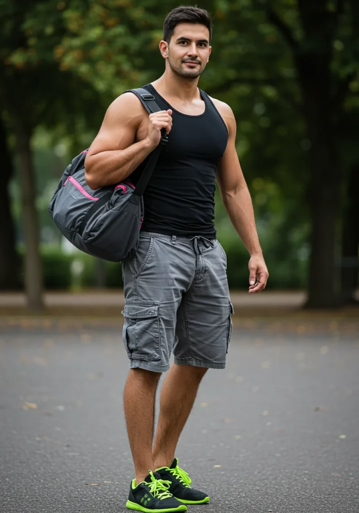 Sporty athleisure outfit with grey cargo shorts and tank top.