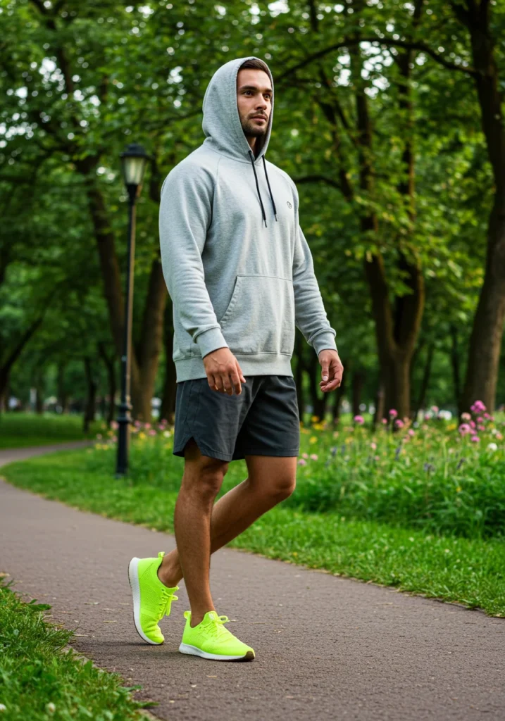 Sporty masculine outfit with oversized hoodie and athletic shorts for summer.