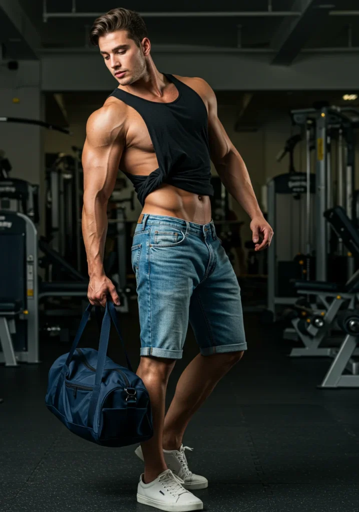 Sporty outfit with muscle tank and denim Bermuda shorts for men