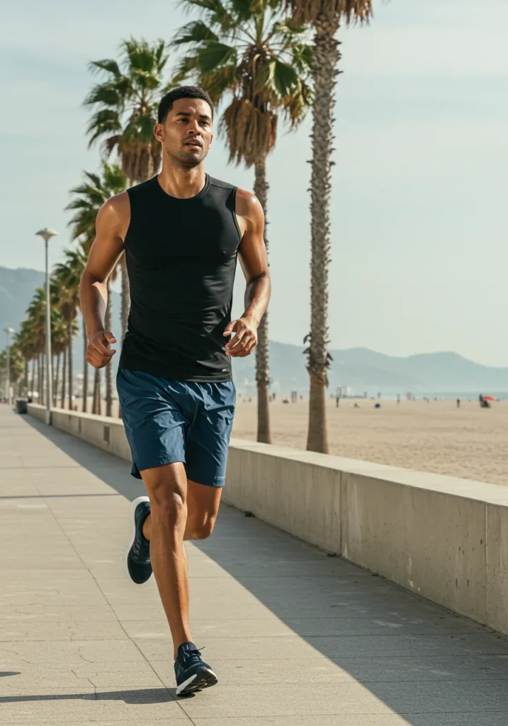 Man in sporty tank top and shorts, ideal for active summer wear.