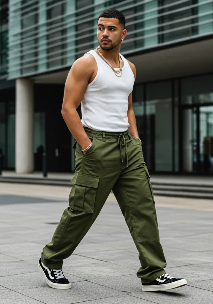 Man in baggy cargo pants and tank top walking on city street in summer.