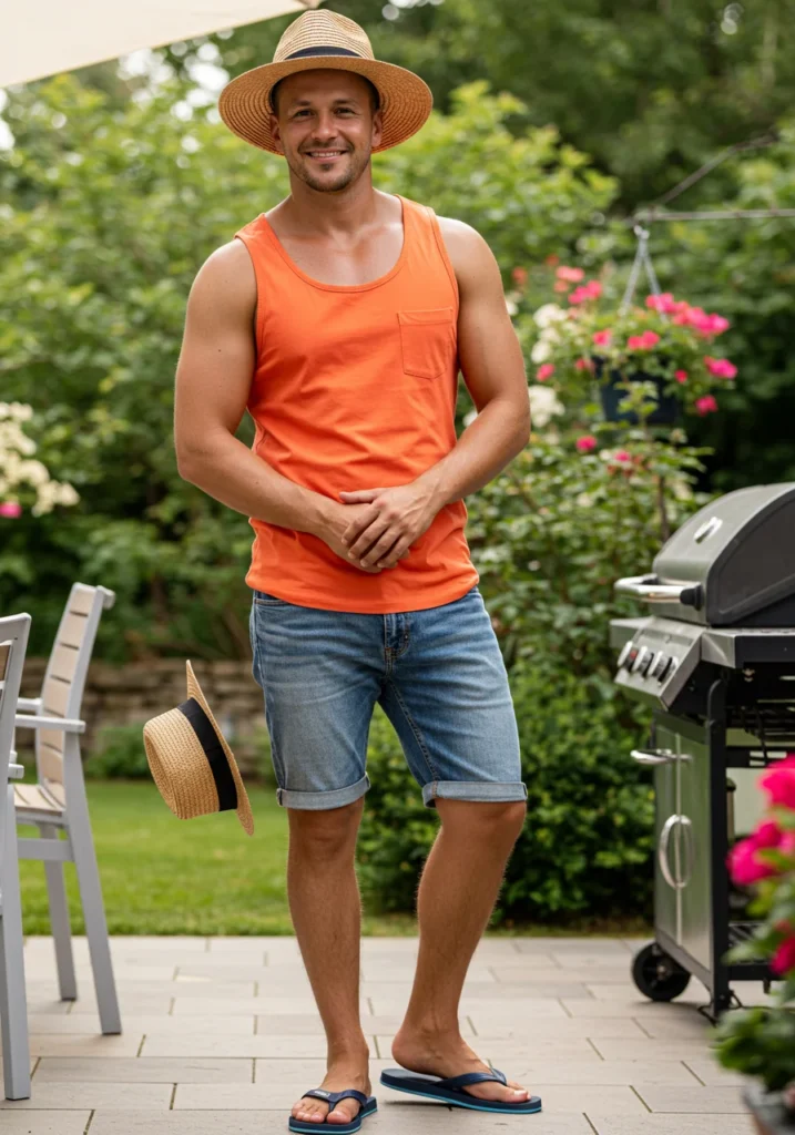 Beach-ready jorts outfit with tank top, flip flops, and a straw hat.