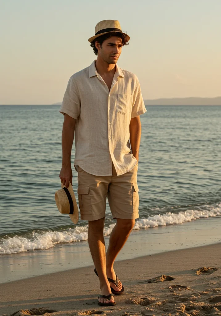 Casual beach outfit with beige cargo shorts and linen shirt.