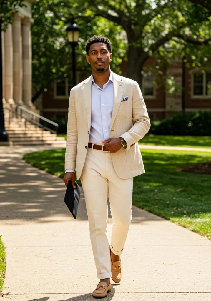 Male graduate in beige linen blazer and white pants for summer ceremony.