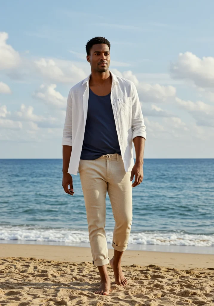 man in beige linen pants and white shirt on the beach during summer
