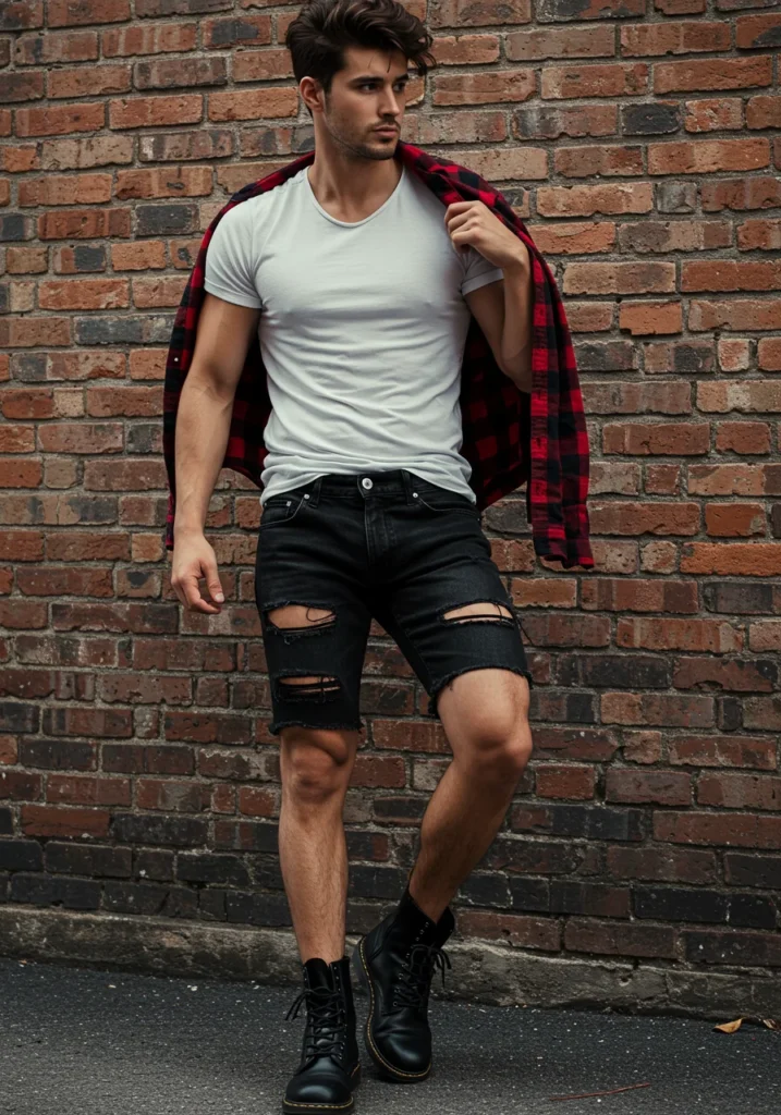 Grunge-inspired outfit with black denim shorts and flannel