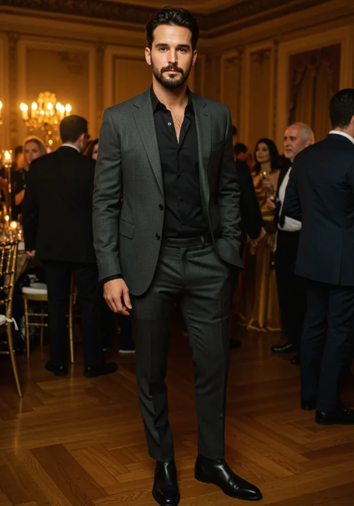 Cocktail attire featuring charcoal suit and black dress shirt.