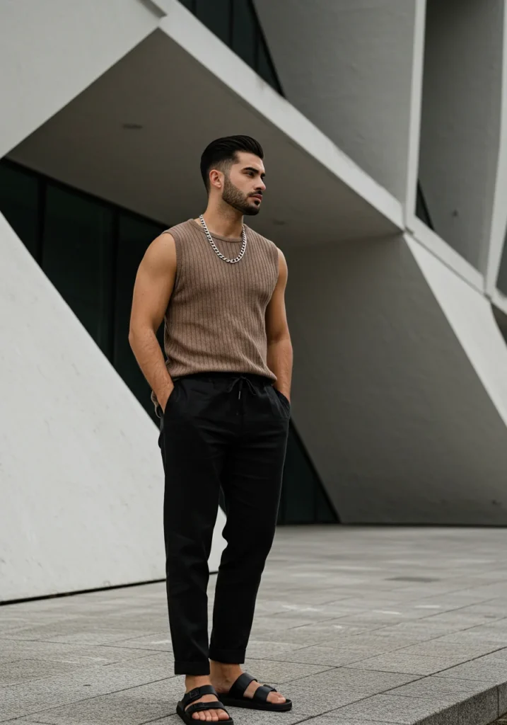 man in black linen pants and sleeveless tank top with sandals in modern summer street setting