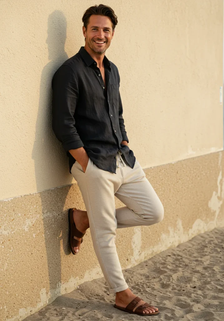 Black linen shirt with cream drawstring pants and sandals outfit for summer