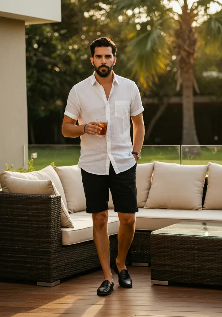 Relaxed summer outfit with black shorts and a white linen shirt