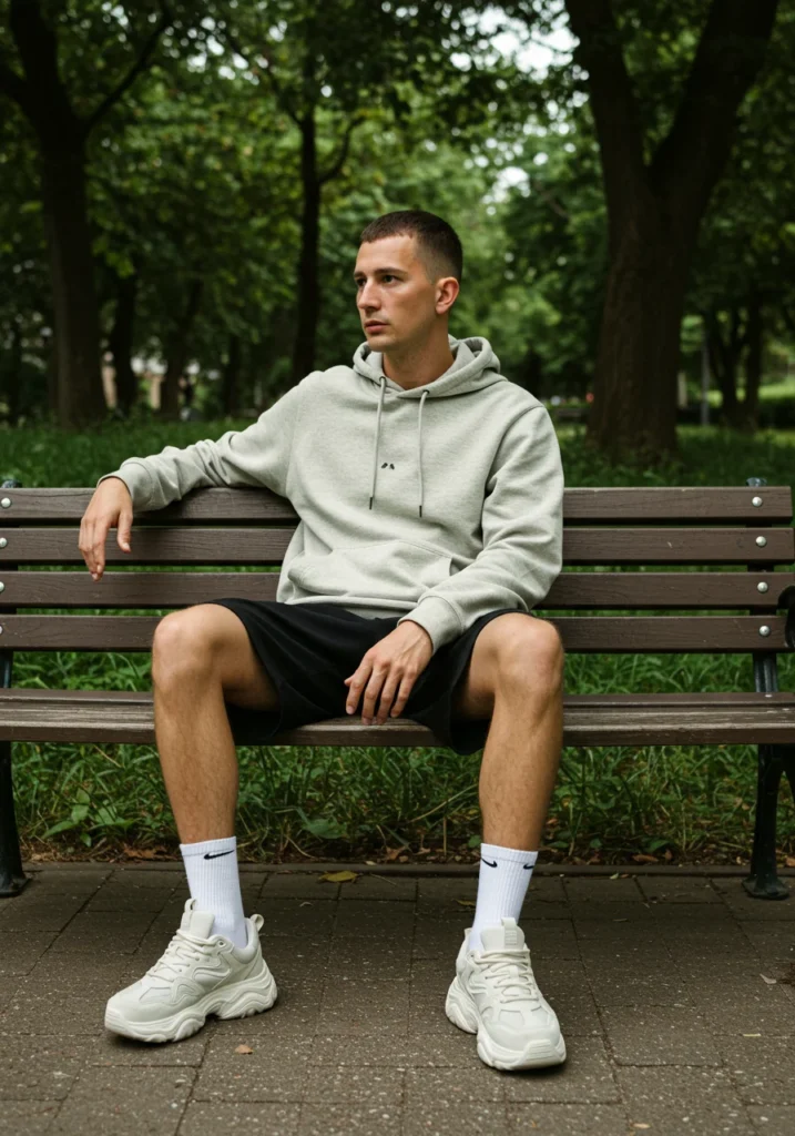 Casual cool weather outfit with black shorts and hoodie