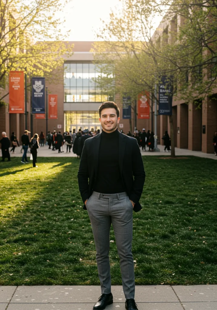 Stylish man wearing black turtleneck and blazer for graduation ceremony.