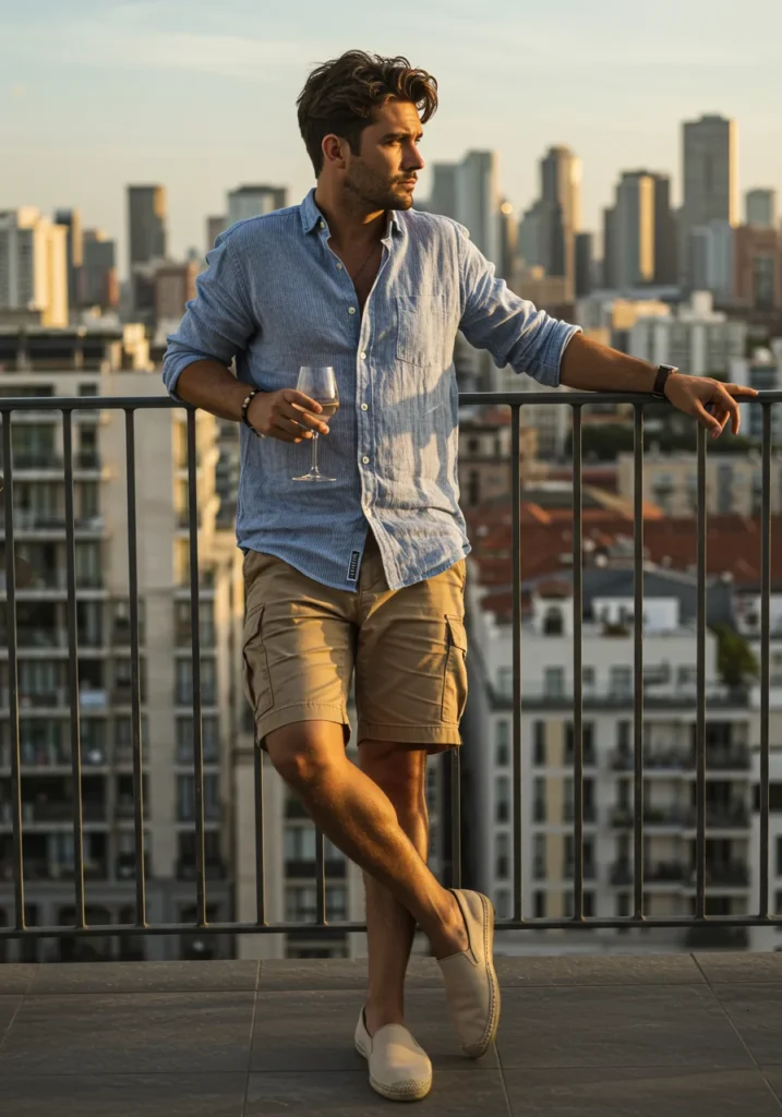 Blue striped linen shirt with cargo shorts and espadrilles styled for warm weather