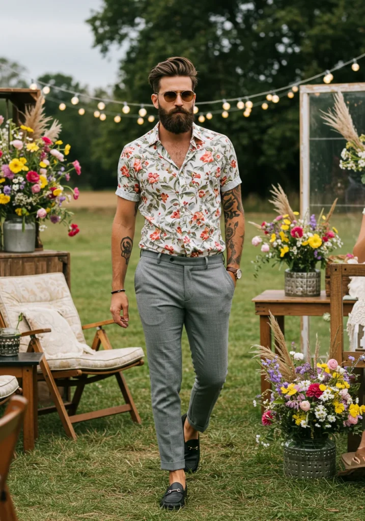 Man wearing floral shirt and grey pants at a boho summer wedding.