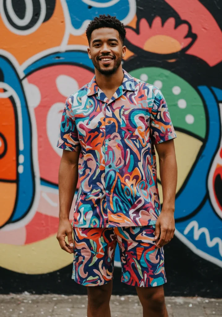 Man wearing bold patterned co-ord set in front of mural wall.