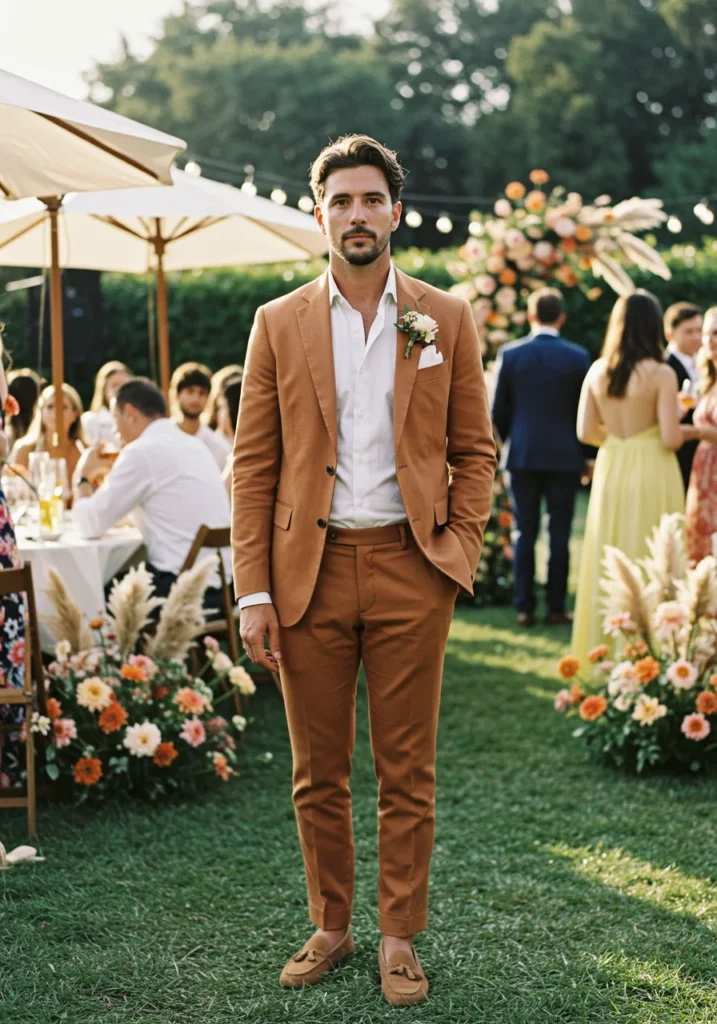 Man in colorful summer suit at trendy wedding.