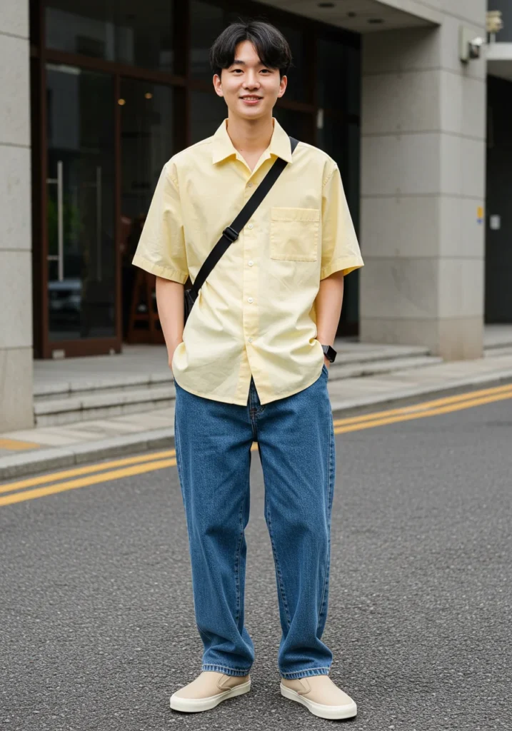 Man wearing a boxy button-up shirt with mid-wash baggy jorts and canvas shoes for a smart-casual summer vibe.