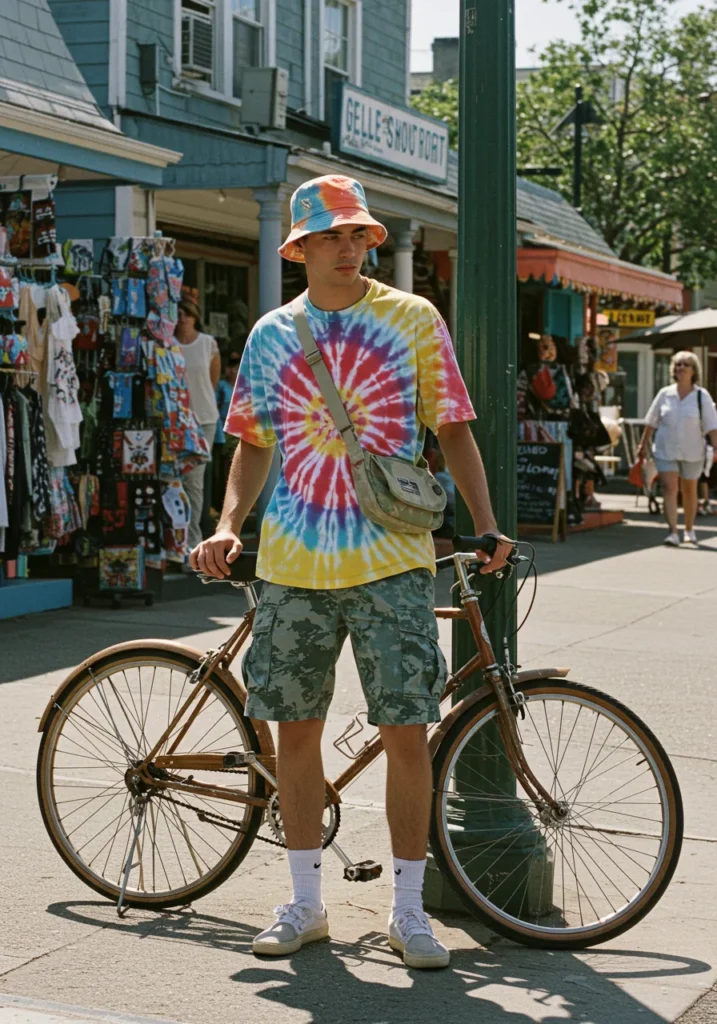 Man wearing tie-dye bucket hat and streetwear outfit with graphic tee.