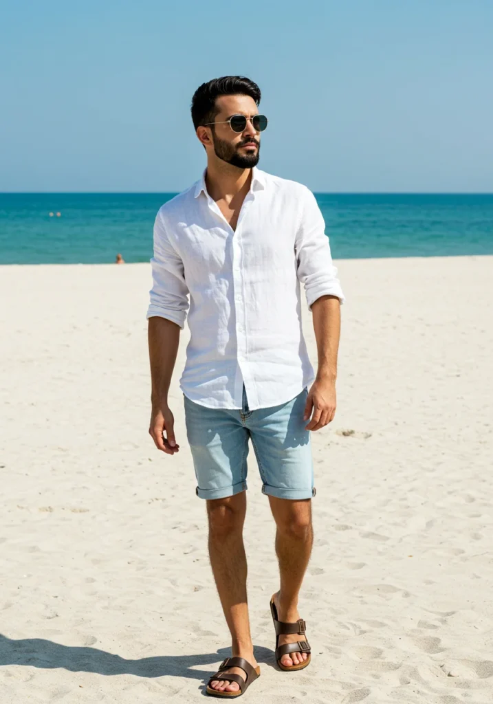 Man in a linen shirt and light denim shorts with sandals, beach-ready summer look