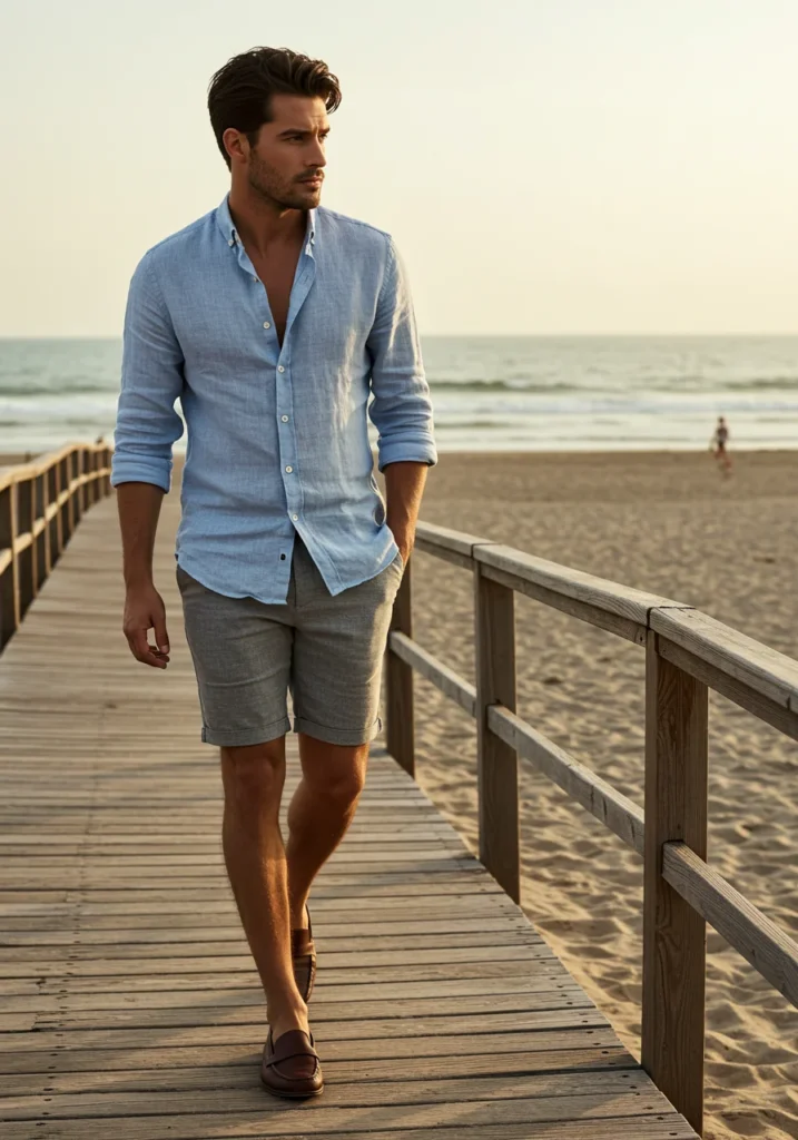 Man wearing grey linen shorts and a light blue button-down shirt, styled for a beachside summer outing.