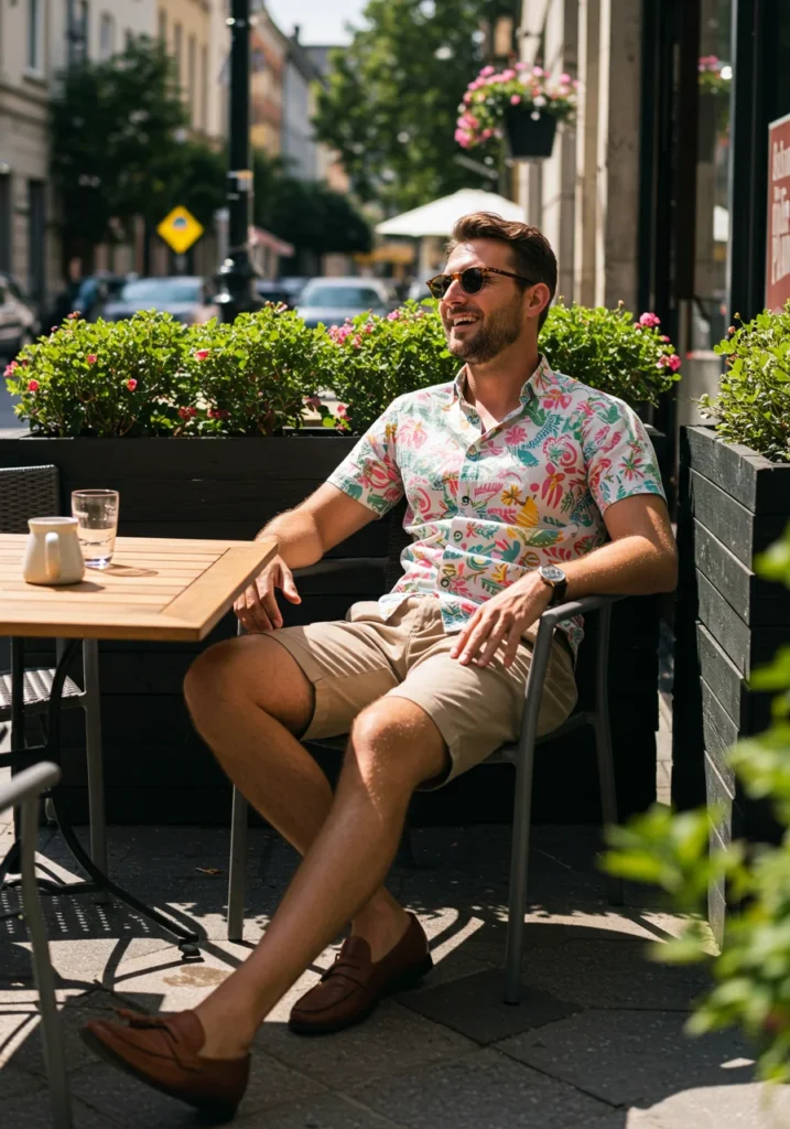 Printed button-up shirt with slim shorts men’s summer outfit