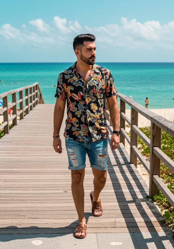 Man in patterned shirt and denim shorts, casual summer beach outfit.