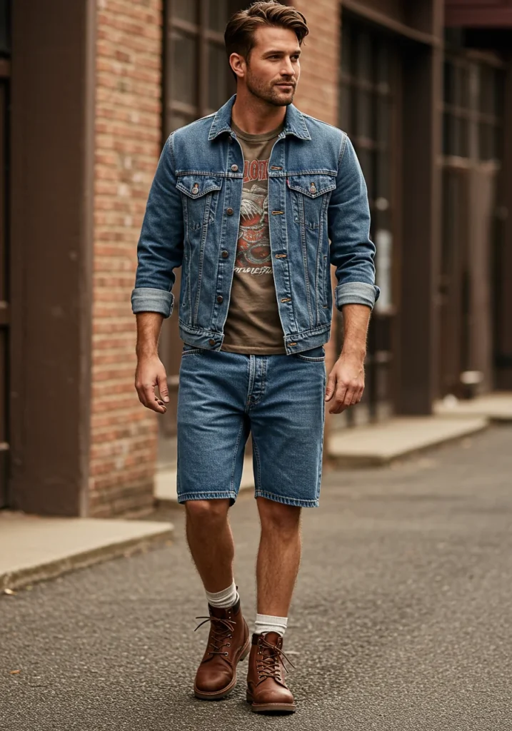 Casual denim-on-denim look with jorts, jacket, and boots.
