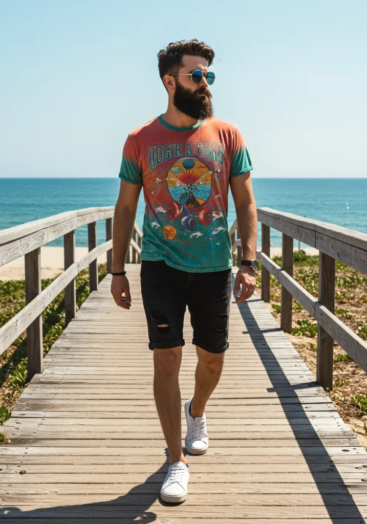 Summer casual outfit with black shorts and a graphic tee