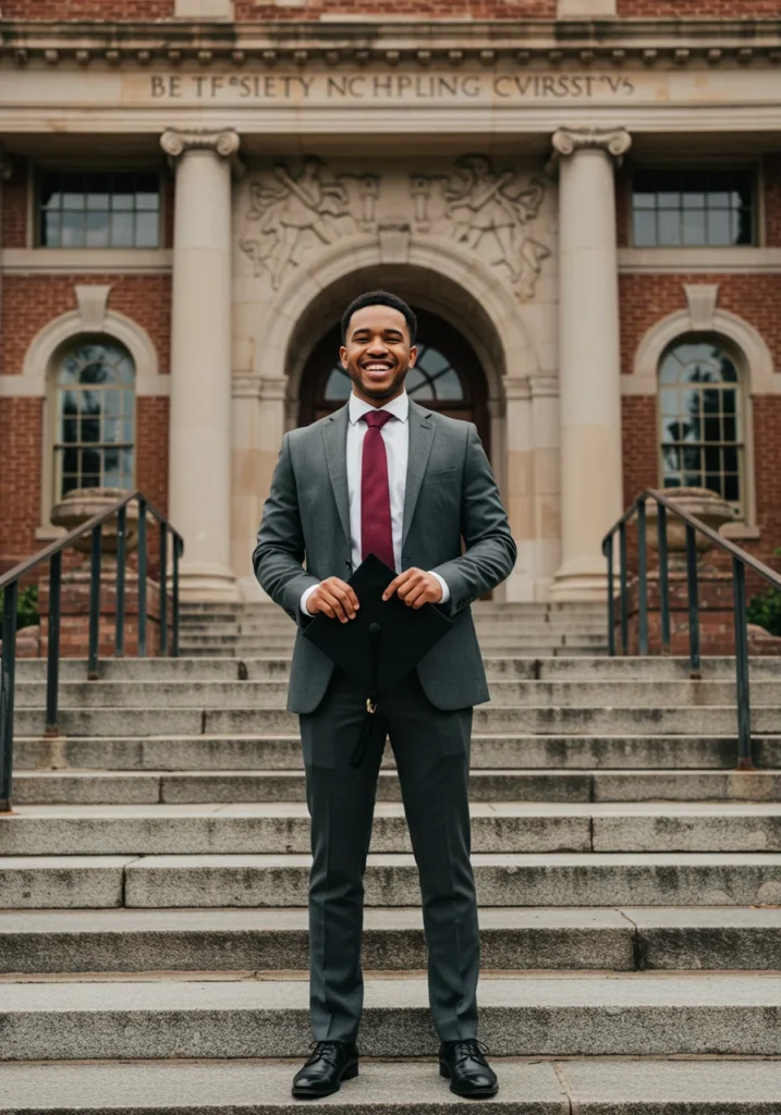 Male graduate in charcoal suit with maroon tie and black shoes.