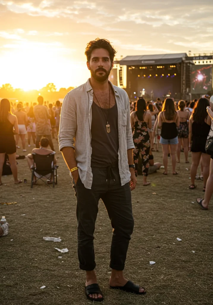 Man wearing linen shirt and drawstring pants at an outdoor summer concert.