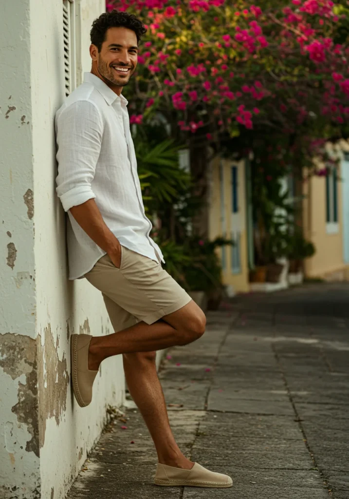 Masculine summer outfit with a white linen shirt and beige chino shorts.
