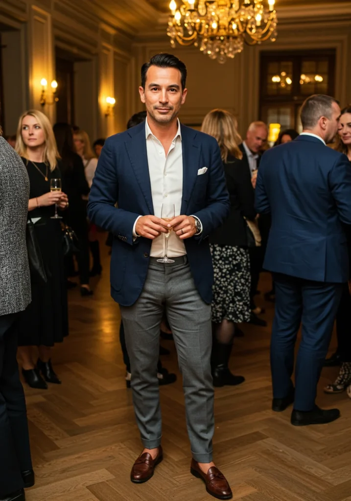 Man in navy blazer and slim trousers styled for cocktail attire.