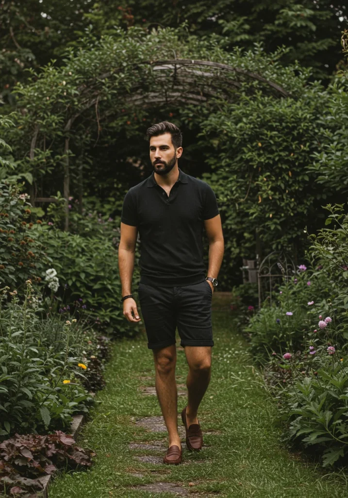 Smart casual outfit with black shorts and a polo shirt