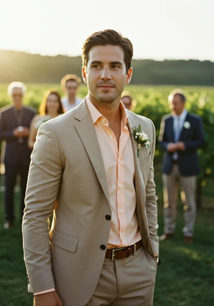 Man in tan summer suit with pastel shirt at vineyard wedding.