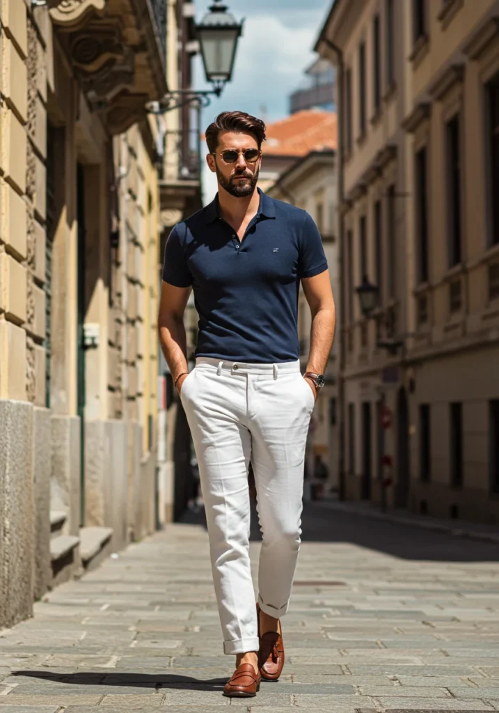 man in white linen pants and navy polo shirt walking in a city street during summer
