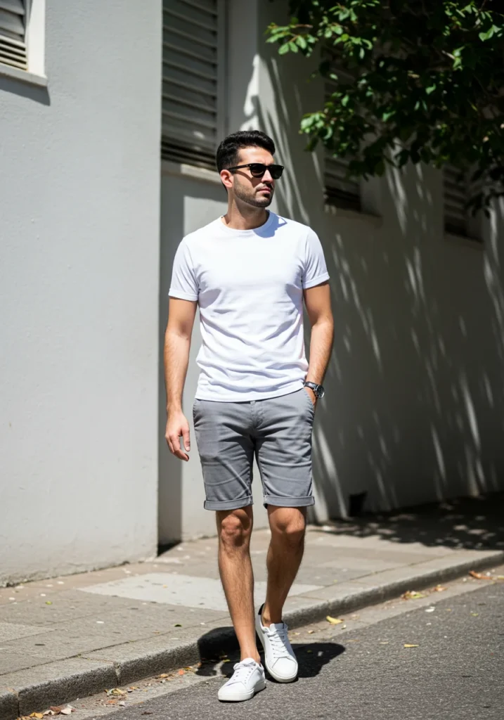 Man wearing grey chino shorts with a white t-shirt and white sneakers, styled for a casual city day.