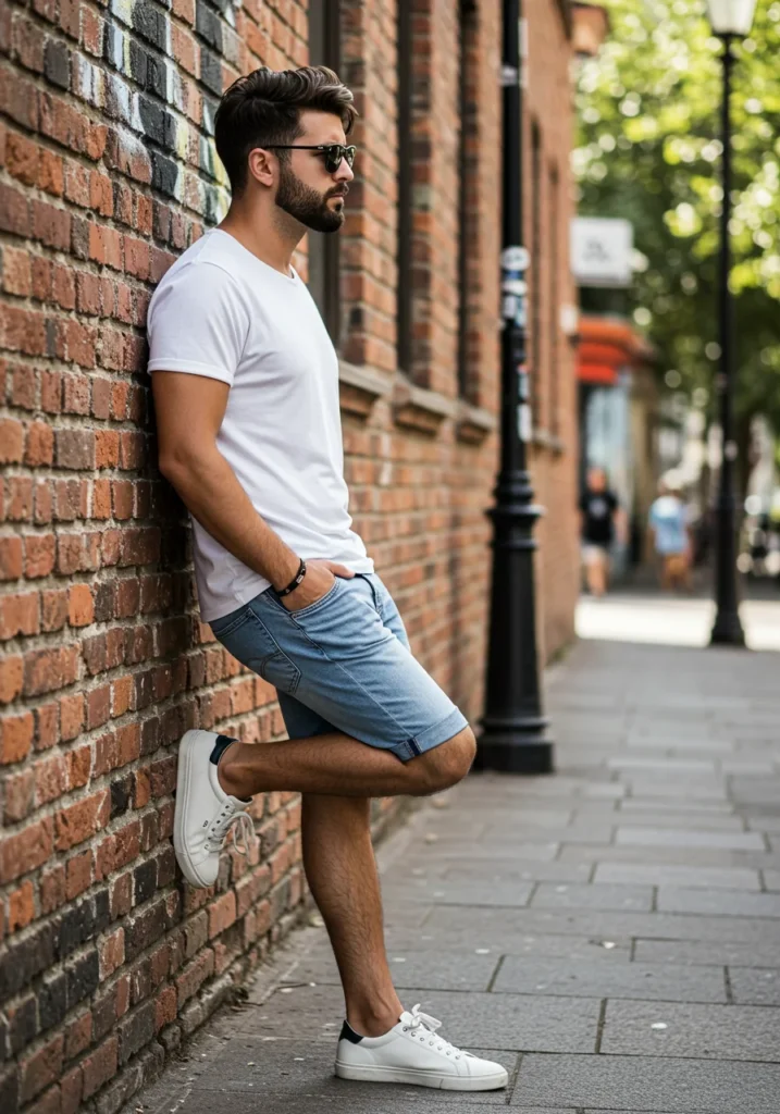 Man wearing light wash denim Bermuda shorts with white t-shirt and sneakers in a summer city look