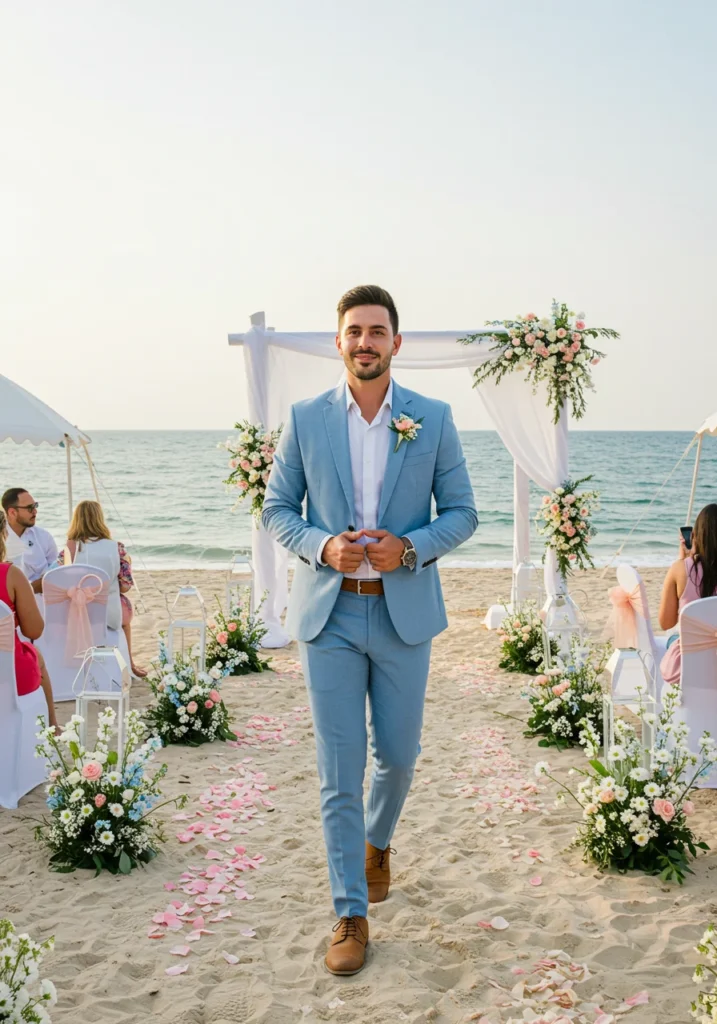 Man in a light blue summer suit at a beach wedding.