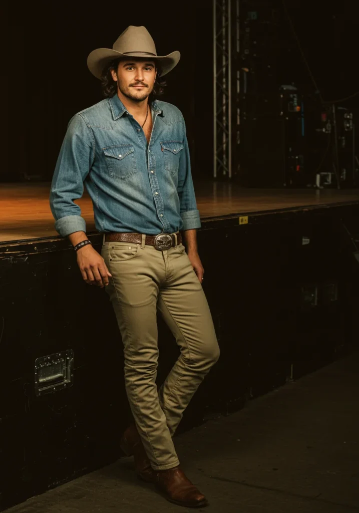 Man wearing denim shirt and khakis at a country music concert.