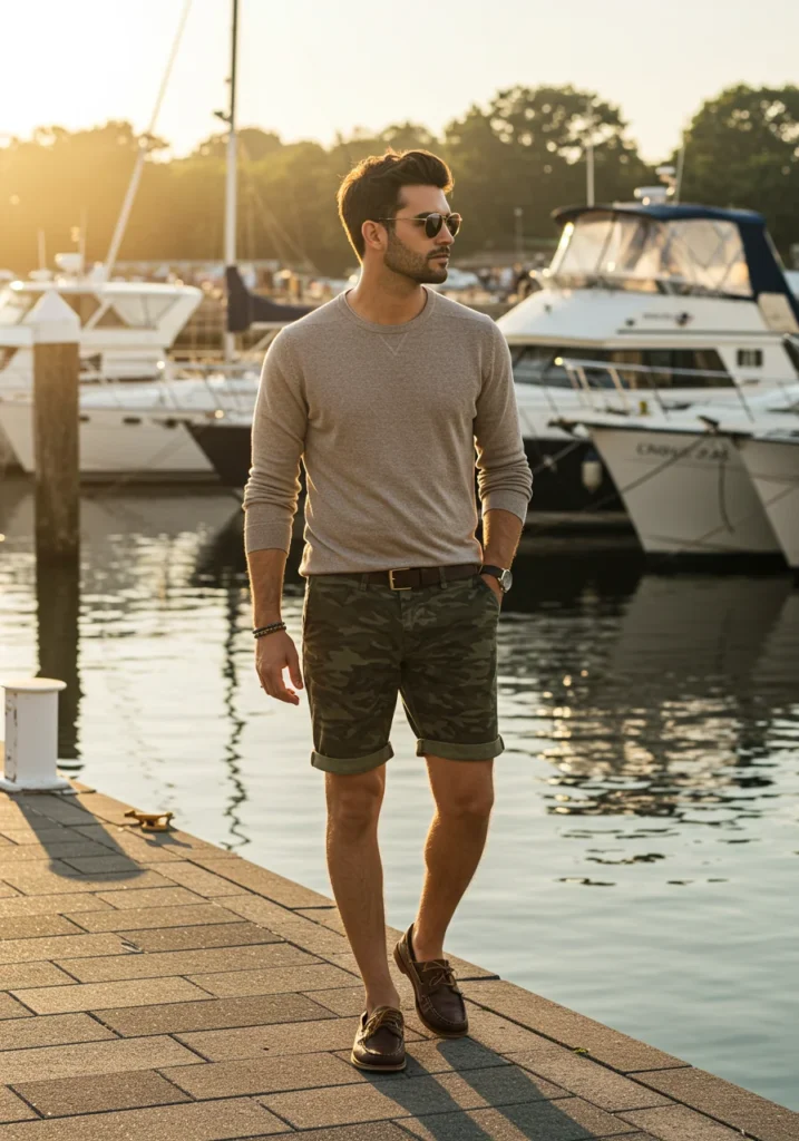 Preppy summer outfit with camo shorts, lightweight sweater, and boat shoes