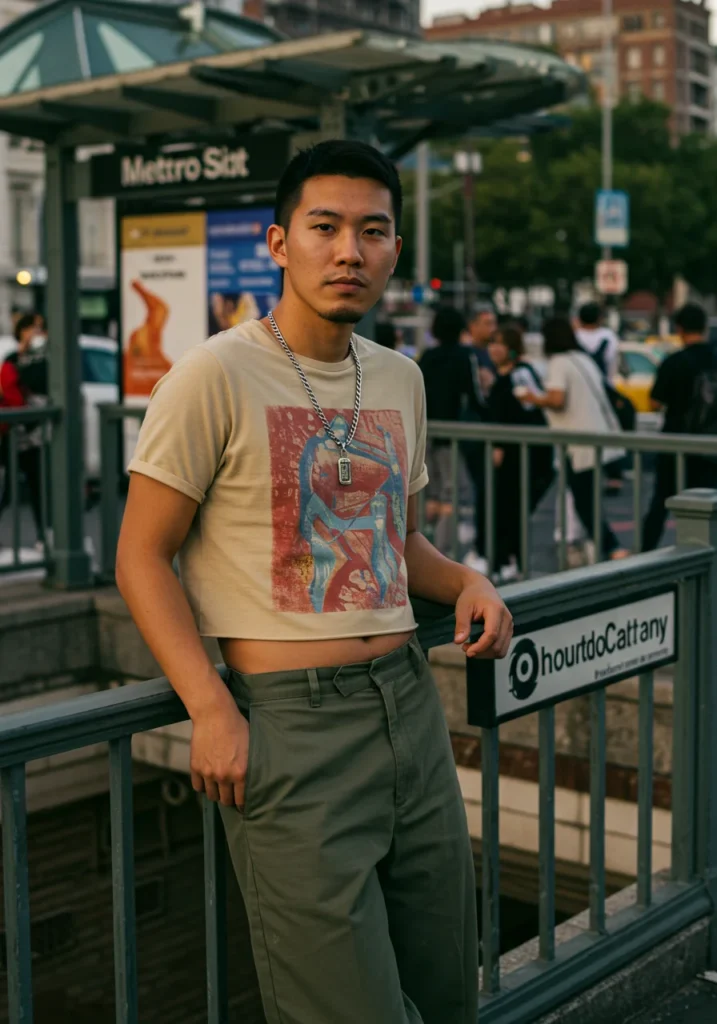 Streetwear outfit with cropped graphic tee and wide-leg pants for men.