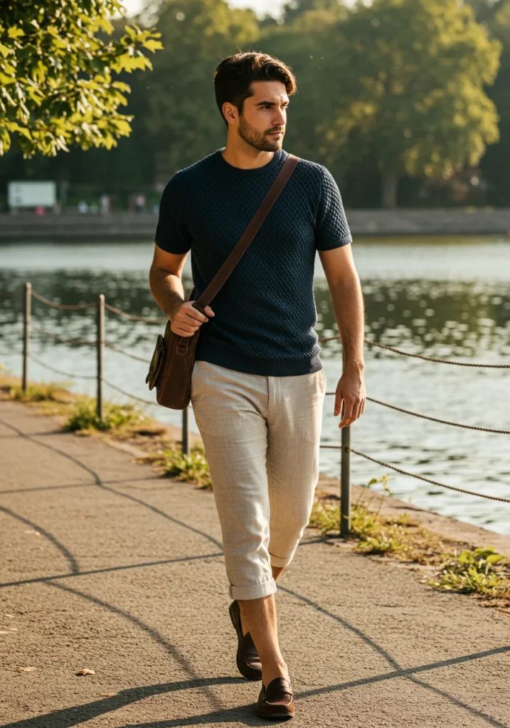 man in cropped linen pants and short sleeve sweater with accessories in summer