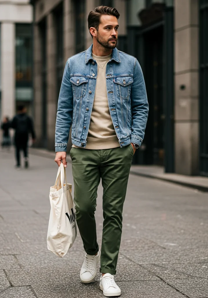 Light denim jacket layered over casual neutral tones for men